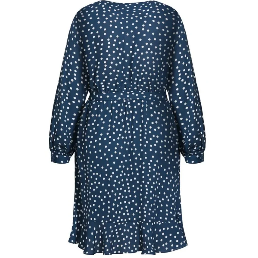 NWT City Chic Navy Faux Wrap Long Sleeve Ruffle Spot Dress 22